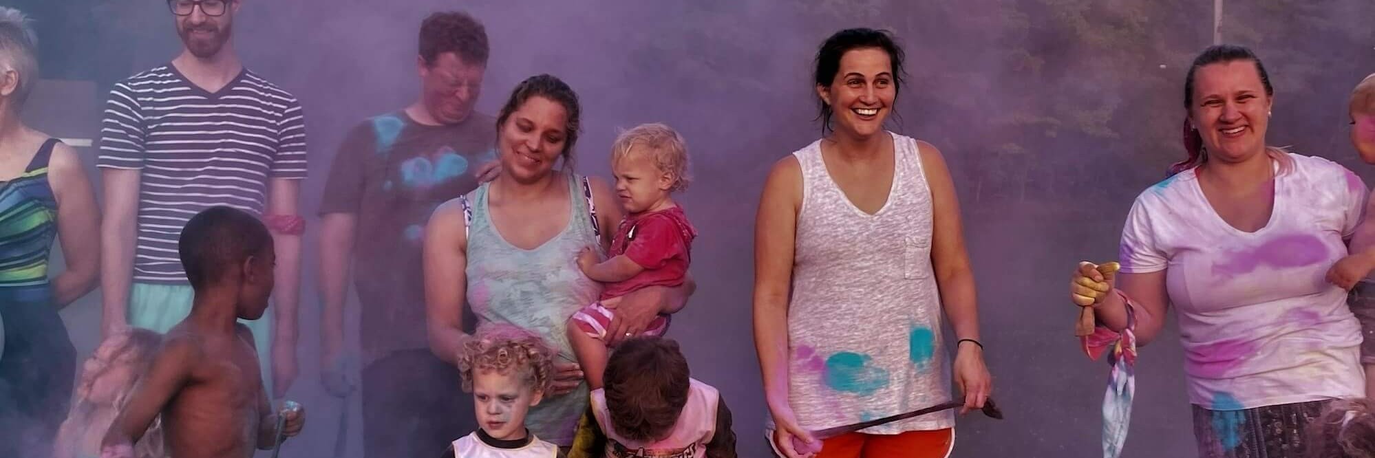 Families in colored smoke